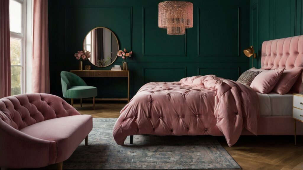 chambre vert foncé et rose pour une ambiance romantique