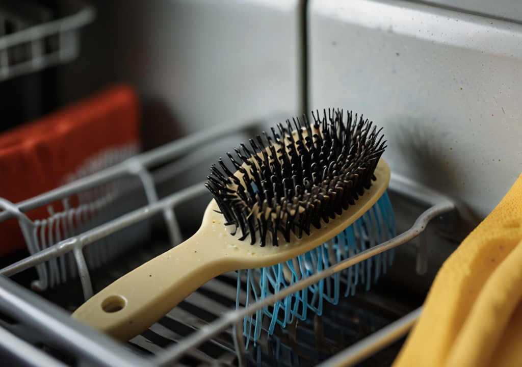 Brosse à cheveux en plastique dans un lave-vaisselle